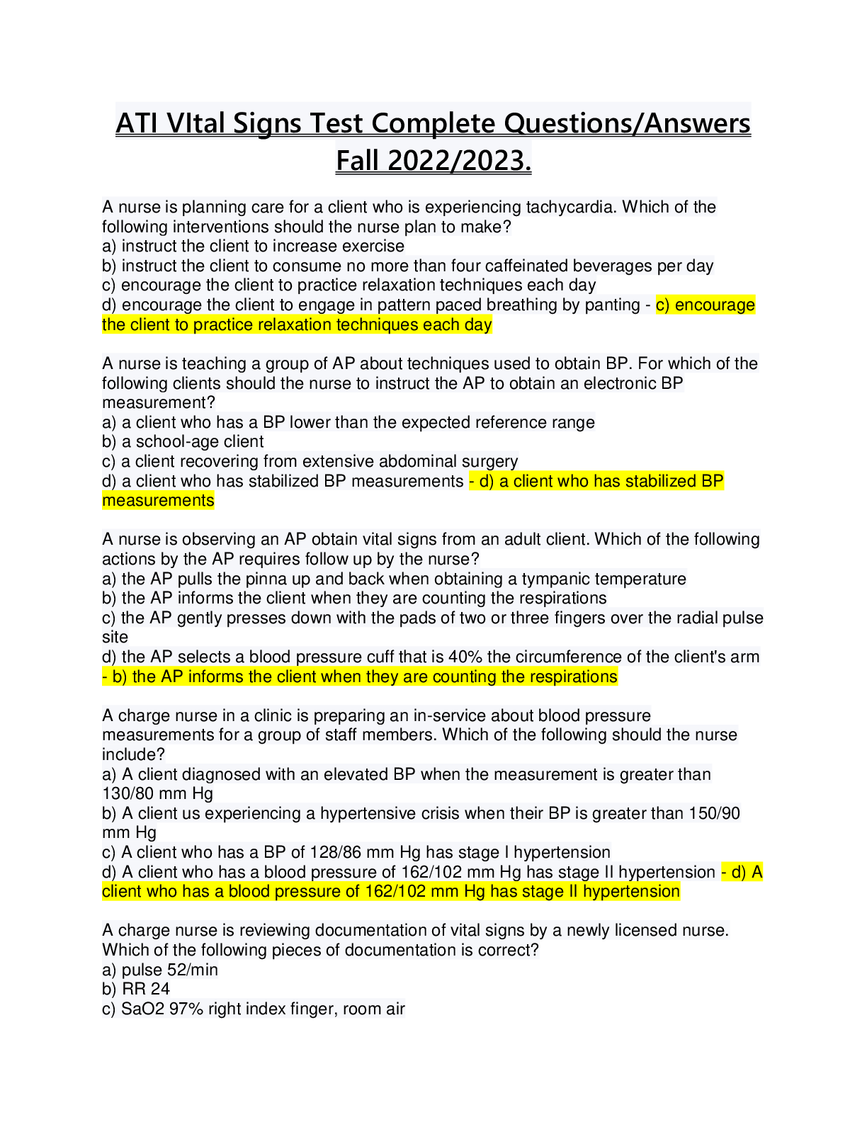 Preview image for ATI VItal Signs Test Complete Questions/Answers Fall 2022/2023.